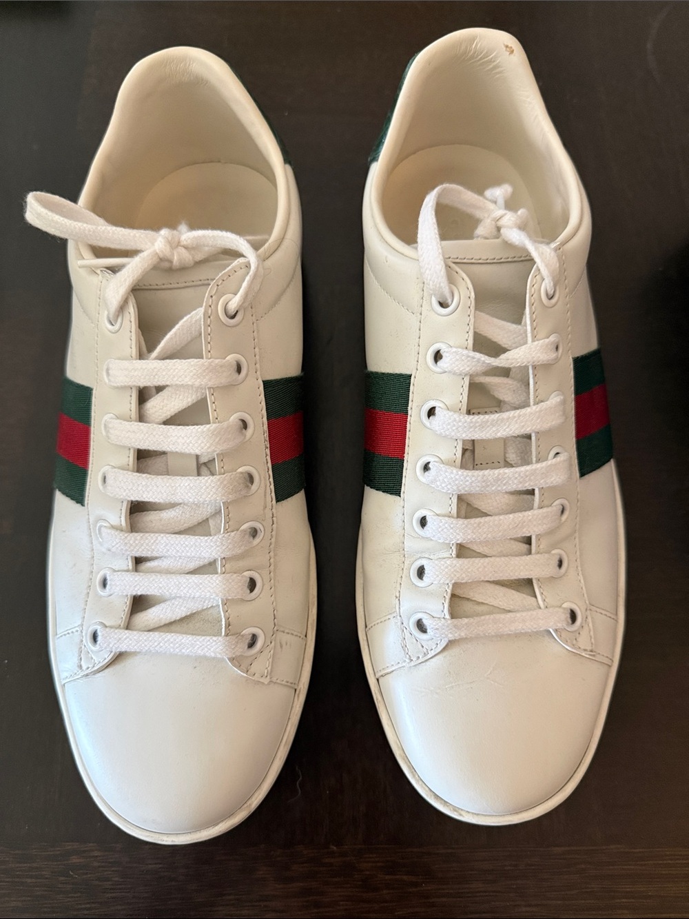 Gucci White Leather Women's Sneakers with Green and Red Web Stripe